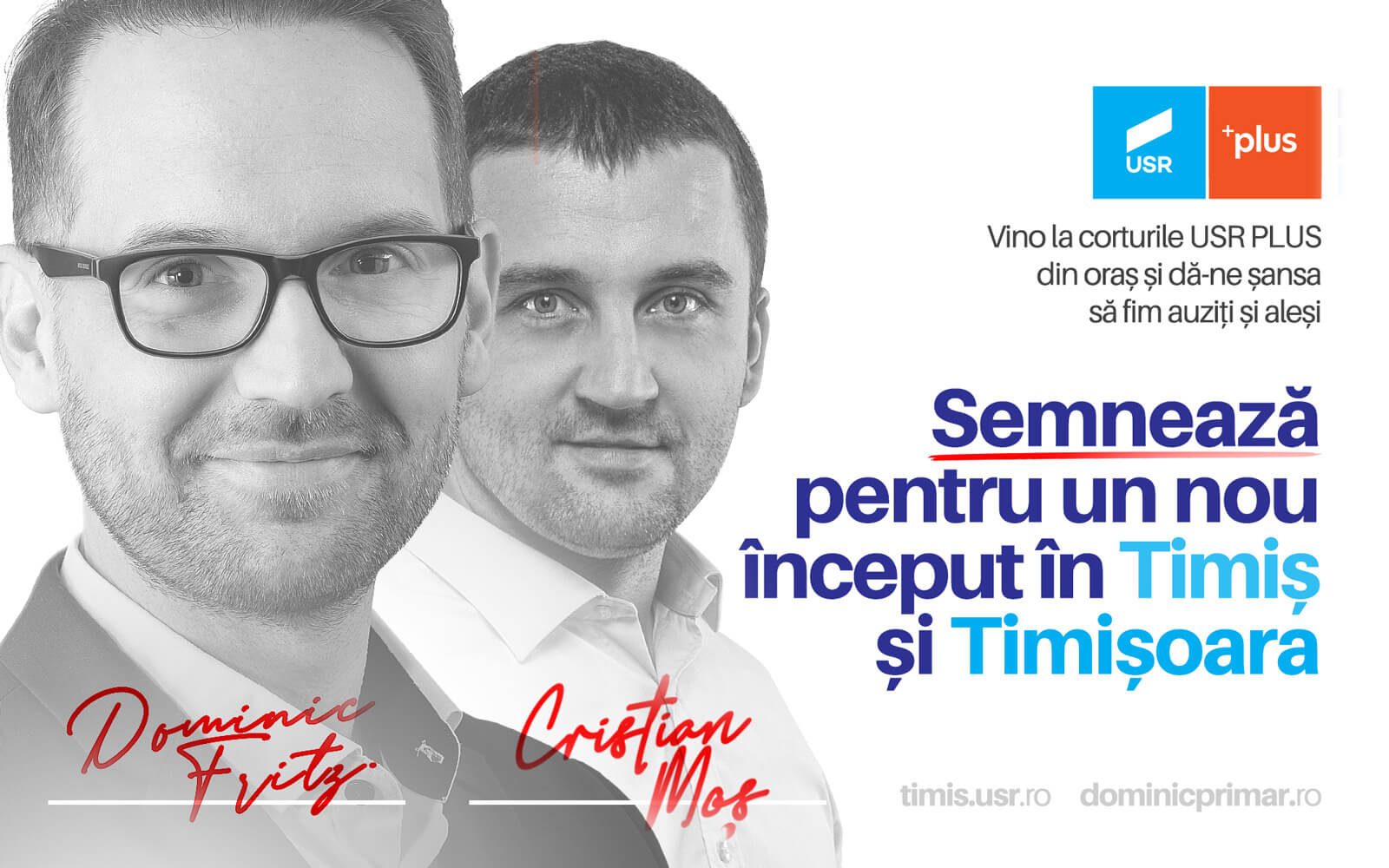Unde semnezi pentru Dominic Fritz, candidat USR-PLUS la Primăria Timișoara și Cristian Moș, candidat USR-PLUS la Consiliul Județean Timiș